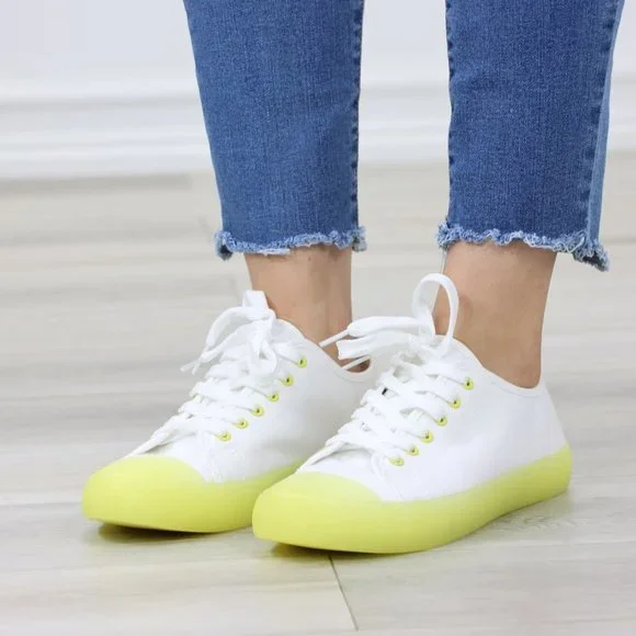 White & Neon Canvas Fabric Fashion Comfort Low Top Sneakers Shoes - Picture 13 of 14